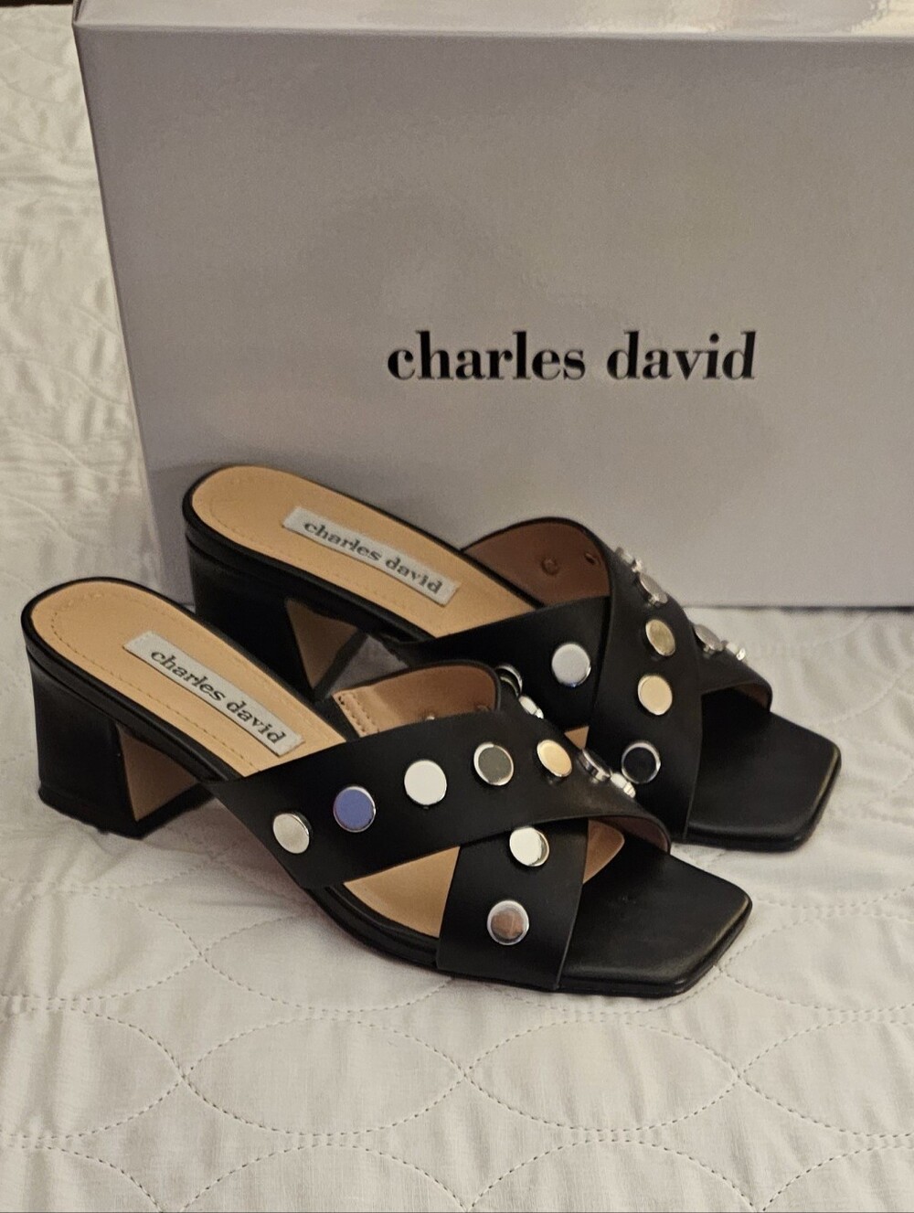Charles David Black Studded Cross-Strap Block Heel Mules - Picture 4 of 7